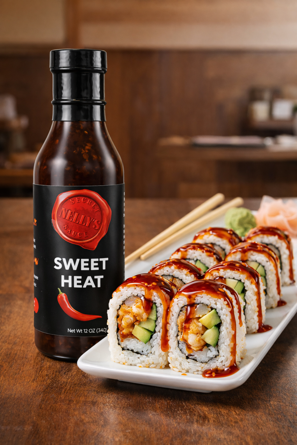 Sweet Heat alongside sushi rolls