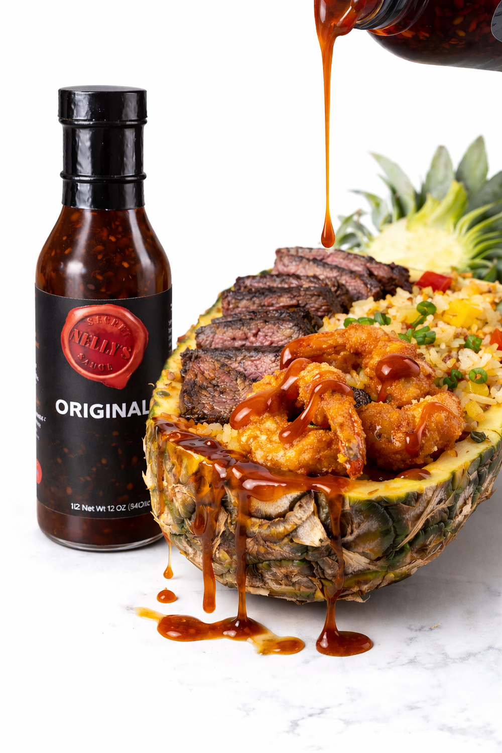 Original, poured over a pineapple rice bowl